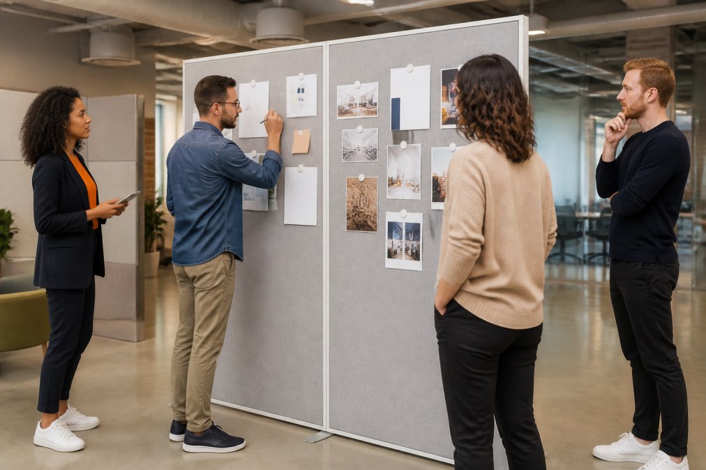 Team of diverse professionals collaborating around a repositionable magnetic partition wall in modern office space, with colleagues writing ideas and pinning documents with magnets while others view from different angles