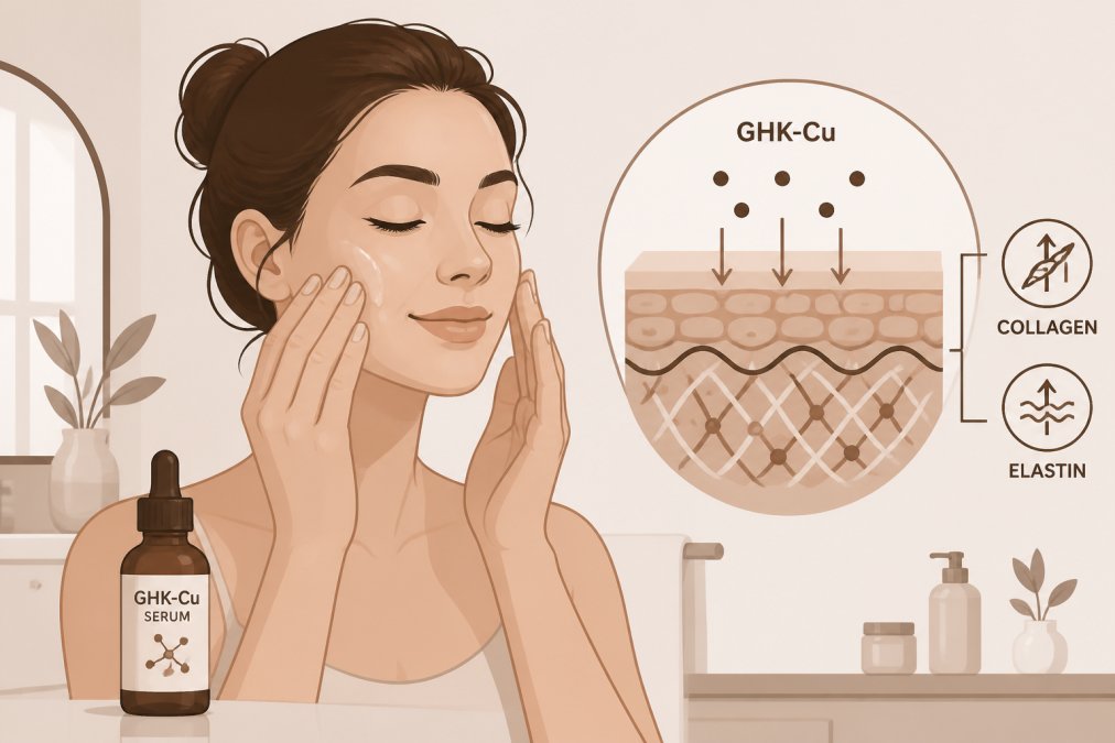 5 Benefits of GHK-Cu for Skin Anti-Aging 2 Woman's hands applying copper peptide serum to her face in a bright, clean bathroom setting with natural lighting, showing the serum being gently pressed into the skin