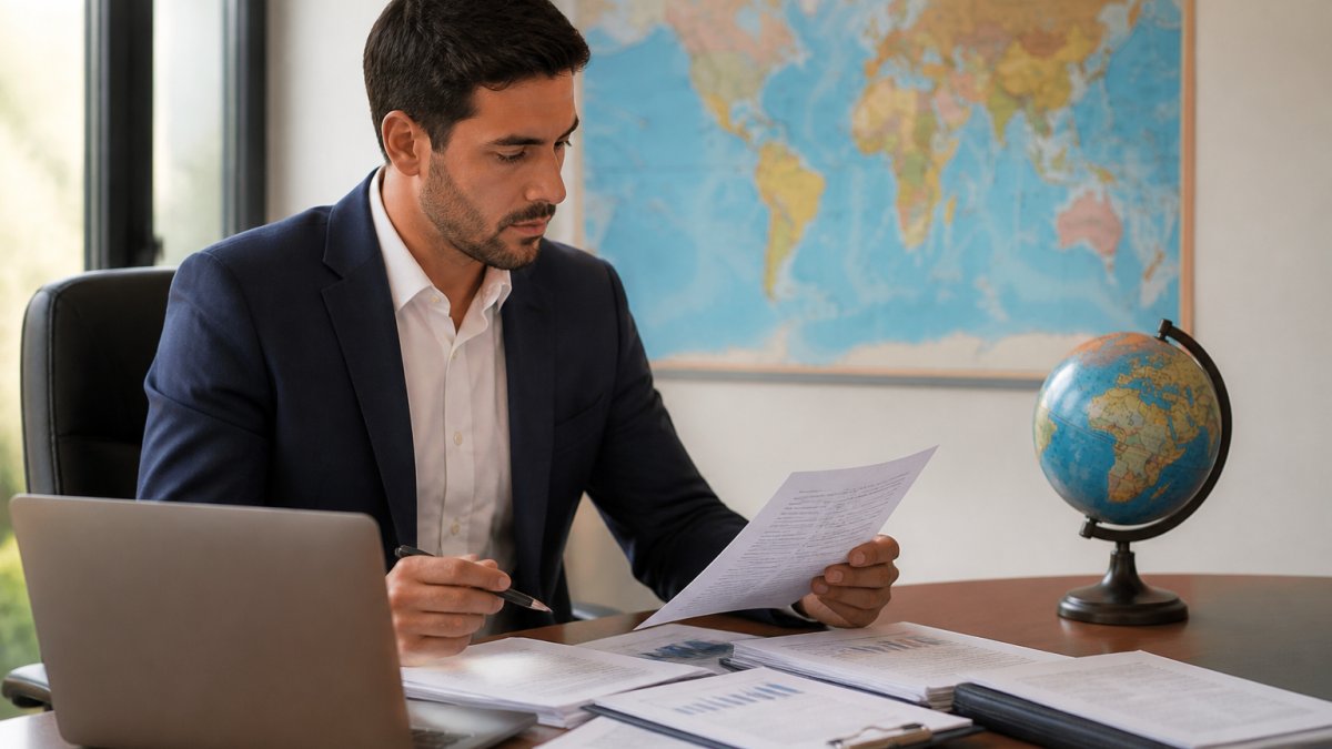 International business professional working at a desk with a laptop, reviewing financial documents, with a world map and globe visible in the background, natural office lighting