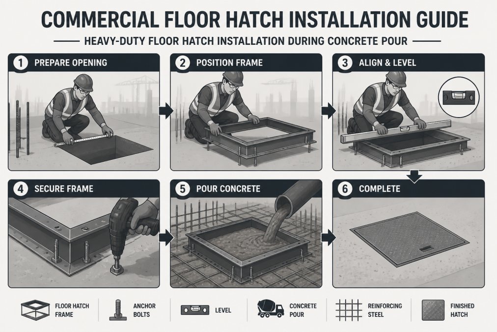 Construction worker installing a heavy-duty floor hatch into a concrete floor, showing the frame positioned and bolted during the casting process on an active commercial job site