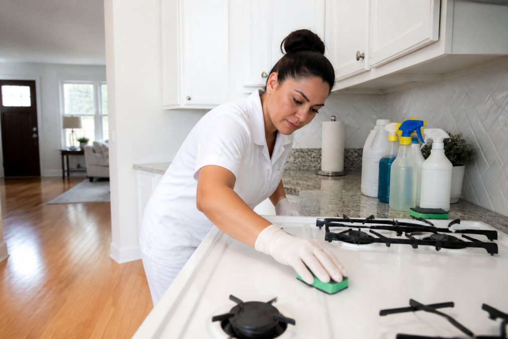 A professional cleaner in a white uniform scrubbing a gleaming white kitchen stovetop with a green scrub pad, commercial cleaning supplies arranged neatly on the granite counter behind her in a bright, modern rental apartment