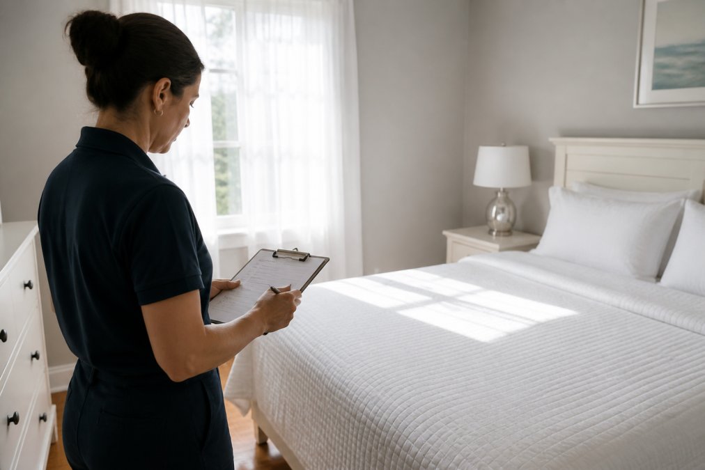 A professional cleaner in a dark uniform reviewing a clipboard checklist while standing in a freshly cleaned, sunlit bedroom with a neatly made white bed, gleaming nightstands, and natural light streaming through sheer curtains