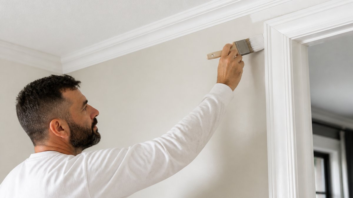 Professional painter carefully applying smooth, even paint coverage to interior wall with precision brush technique, showing clean lines along trim and ceiling