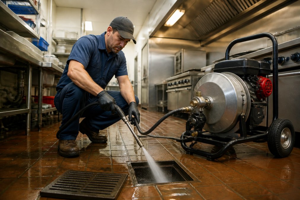 Professional plumber operating a high-pressure hydro jetting unit in a commercial kitchen with water stream visible clearing a drain line, stainless steel counters and equipment in background