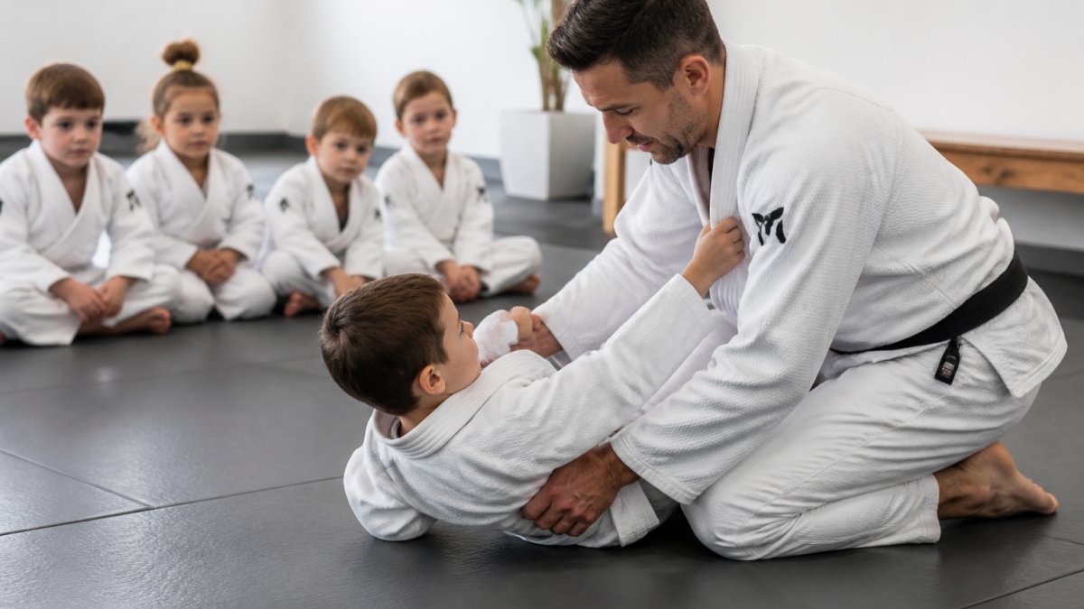 A patient instructor teaching a gentle jiu jitsu for kids grappling drill on a bright studio mat