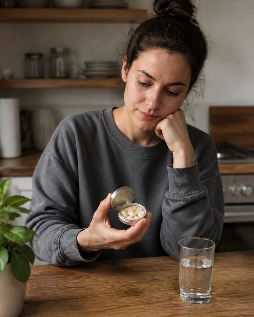 Beginner examining a tin of cannabis edibles and a glass of water at a kitchen table to understand how they work