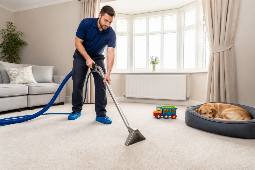 A technician in professional uniform using a hot water extraction wand on a light-coloured carpet in a bright, tidy living room, with a child's toy and a dog bed visible in the background
