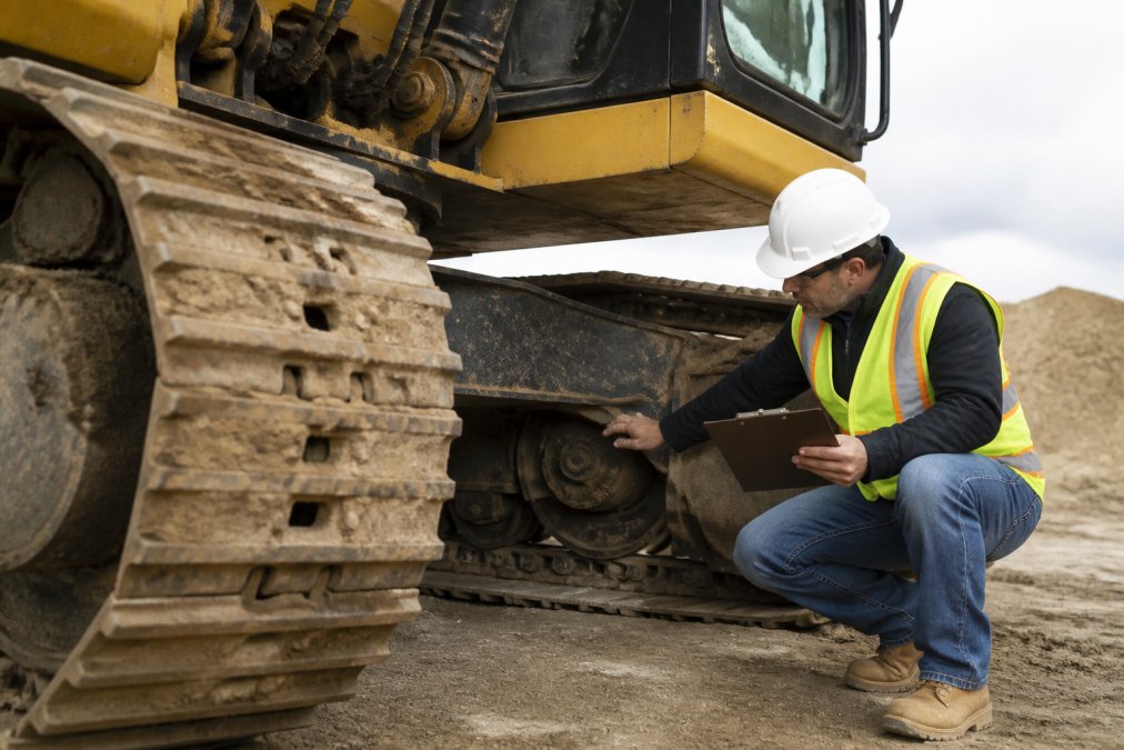 A certified appraiser in a hard hat and safety vest examining the undercarriage of a large excavator on a construction site, holding a clipboard and inspecting the tracks