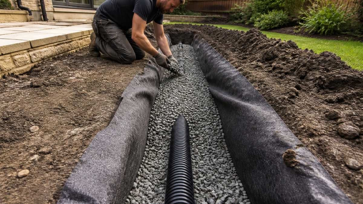 Professional landscaper installing a French drain system with gravel and perforated pipe visible in an excavated garden trench, showing proper slope and layering