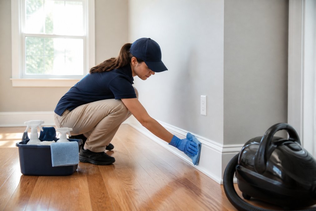 Professional cleaner using microfiber cloth and professional-grade equipment to clean baseboards and corners in a bright, empty room during move-in preparation