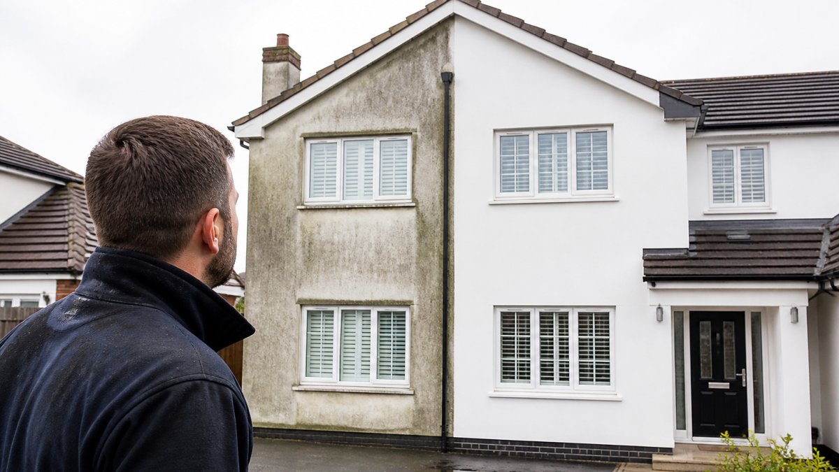 A rendered house exterior showing dramatic transformation from dirty, stained render with visible algae and moss to bright, clean white render after professional cleaning