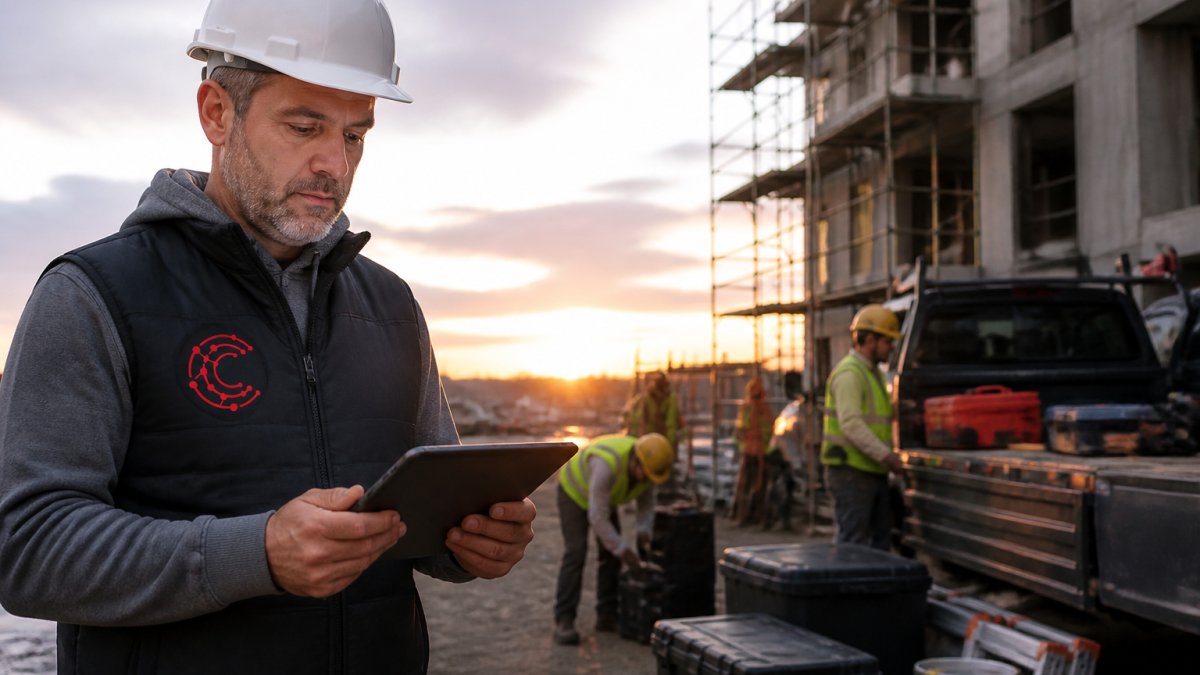 A construction project manager in a hard hat standing on a job site at dusk, looking at a tablet while crew members pack up equipment behind him