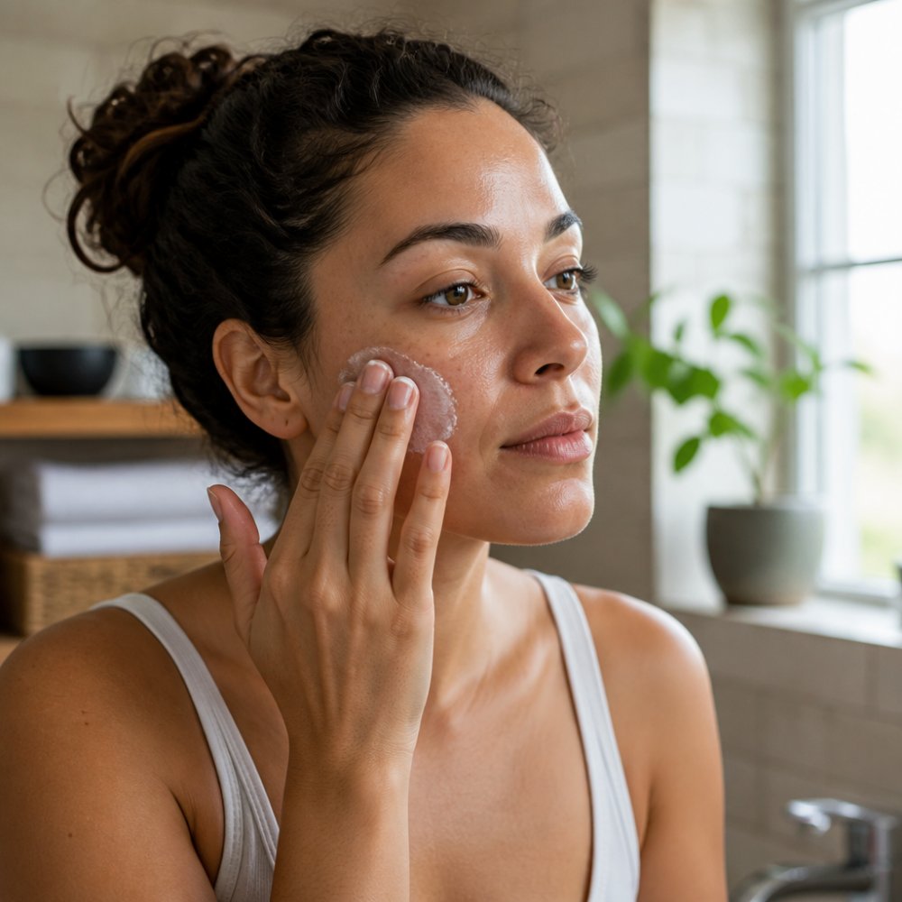Close-up of a person with dry skin gently massaging a small amount of shea butter into their cheek with fingertips, soft natural lighting, minimal bathroom setting