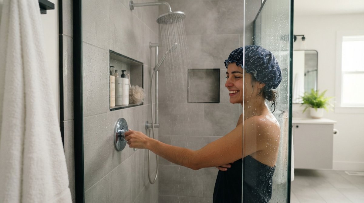 Homeowner adjusting shower temperature with hot water flowing steadily, showing comfort and satisfaction in modern bathroom with natural lighting