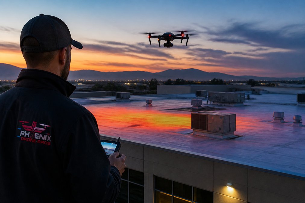 Operator monitoring a thermal imaging drone as it scans a commercial building roof at dusk for heat signatures.