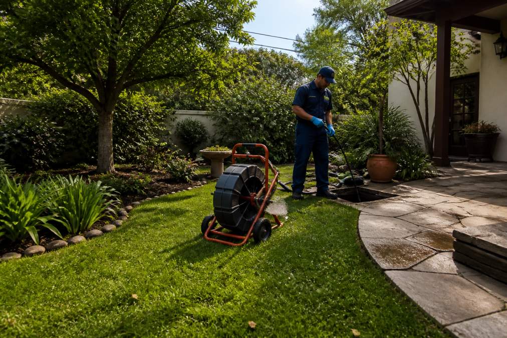 Residential backyard with mature landscaping, trees, and intact hardscaping visible while a plumber operates trenchless equipment near a small access pit in the background