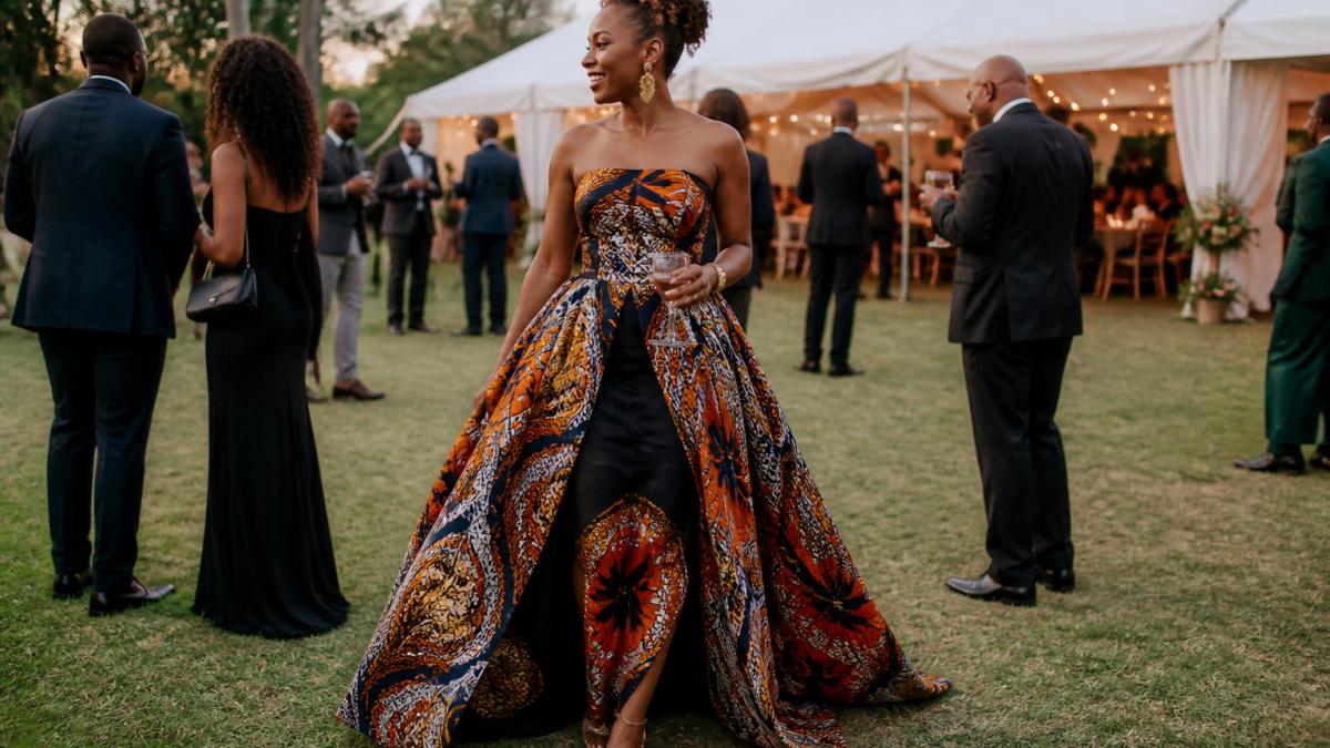 Woman wearing a vibrant handcrafted African print formal gown with flowing silhouette at an elegant evening event, showcasing bold colors, intricate patterns, and artisan details under soft lighting