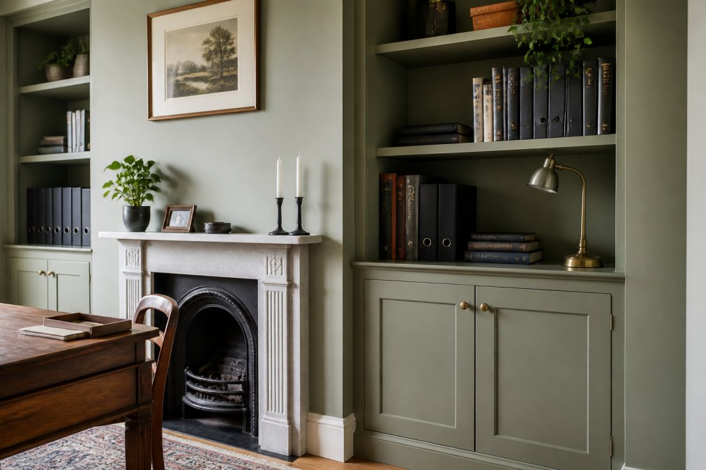 A bright home office in a period property with bespoke shelving fitted into a chimney breast alcove, painted soft sage green, holding neat books, folders, and a brass desk lamp