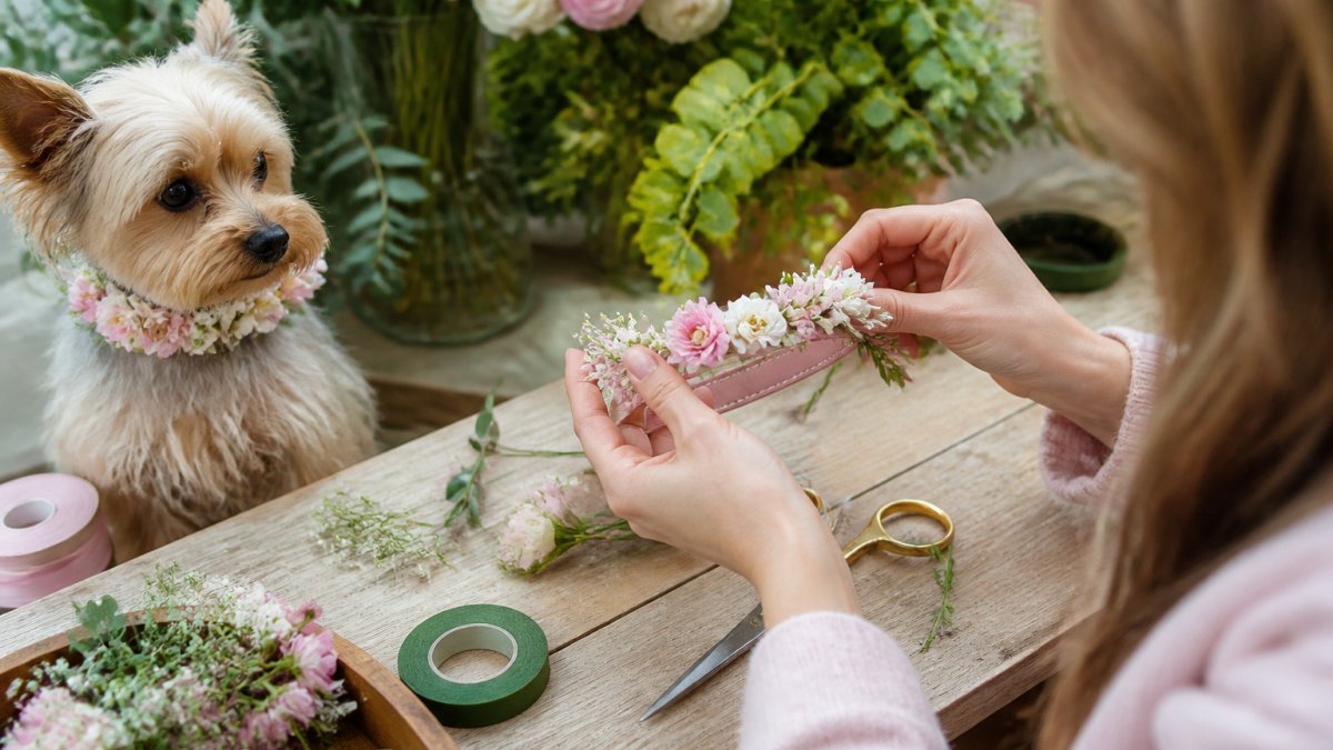 A small dog wearing a delicate floral collar made of soft pastel blooms, sitting calmly on a stone garden path in warm afternoon light