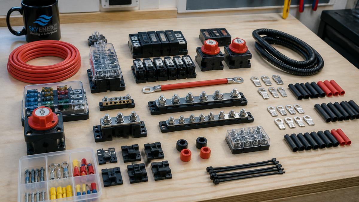 Overhead view of campervan electrical installation workbench with fuse blocks, busbars, battery switches, and assorted wiring components arranged for assembly, natural workshop lighting