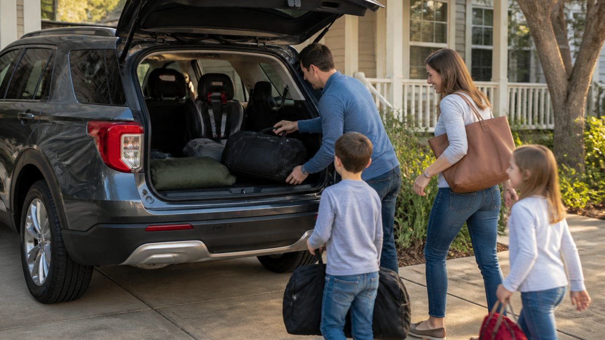 A family of five loading luggage into the open rear cargo area of a mid-size three-row SUV parked in a suburban driveway on a sunny morning, with two children's car seats visible in the second row