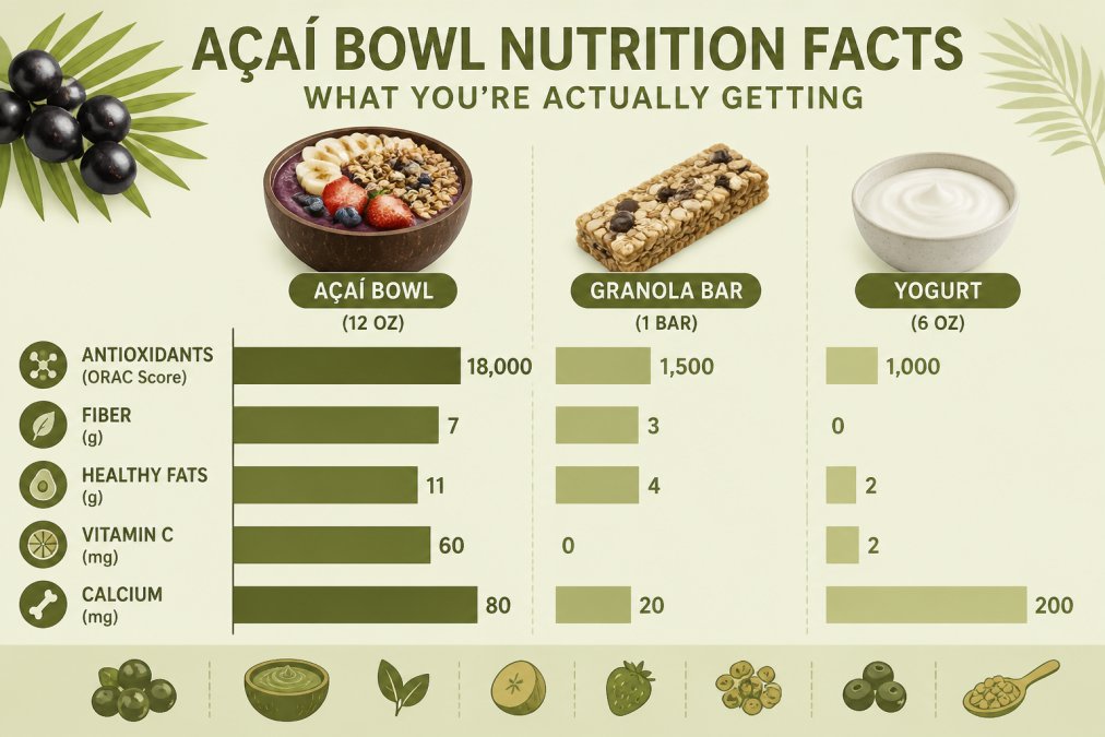 Bar chart comparing nutrients in açaí bowls versus energy snacks to highlight açaí benefits and fiber content.