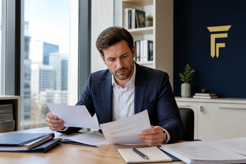 Business owner reviewing invoices and financial documents at a desk with a laptop, looking focused and confident in a modern office setting with natural light