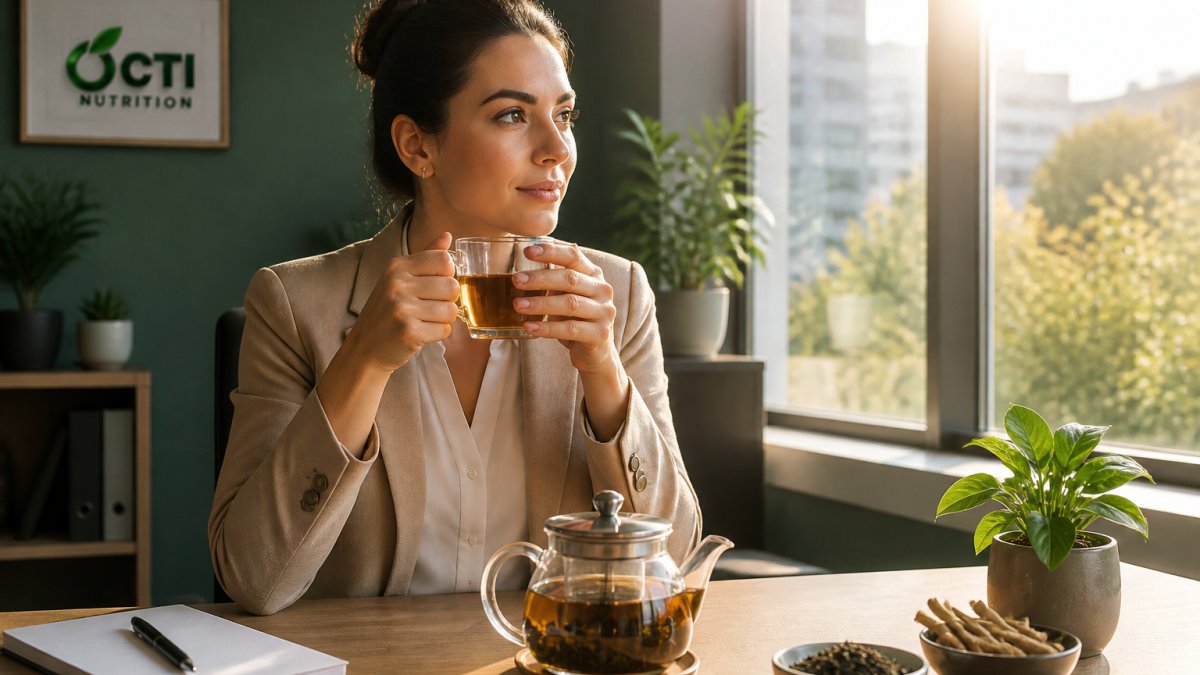 Professional at desk in early morning, holding a warm cup of herbal tea, looking alert and focused with natural daylight streaming through office window