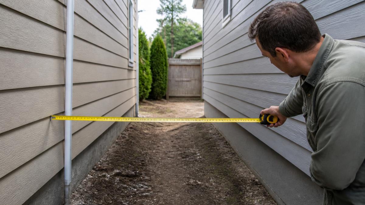 A narrow backyard between two houses with a tape measure stretched across the side yard, showing a homeowner checking lot width before an ADU build