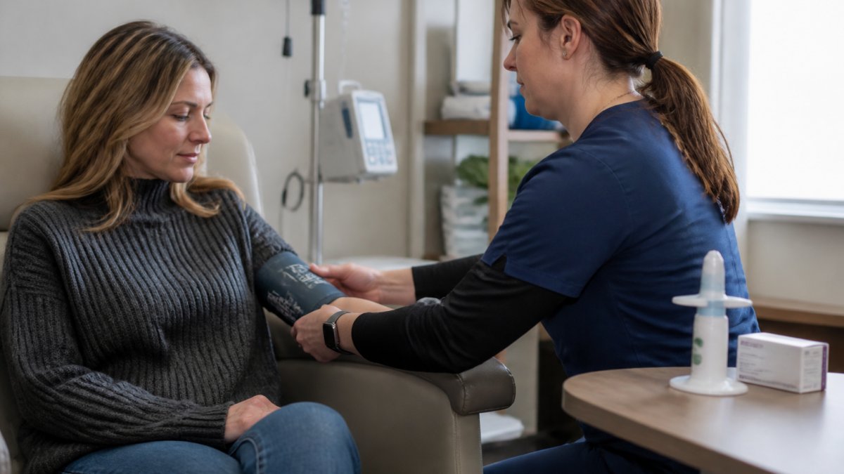A patient sitting comfortably in a monitored clinical room while a healthcare professional checks a blood pressure cuff, with a nasal spray device on a nearby table