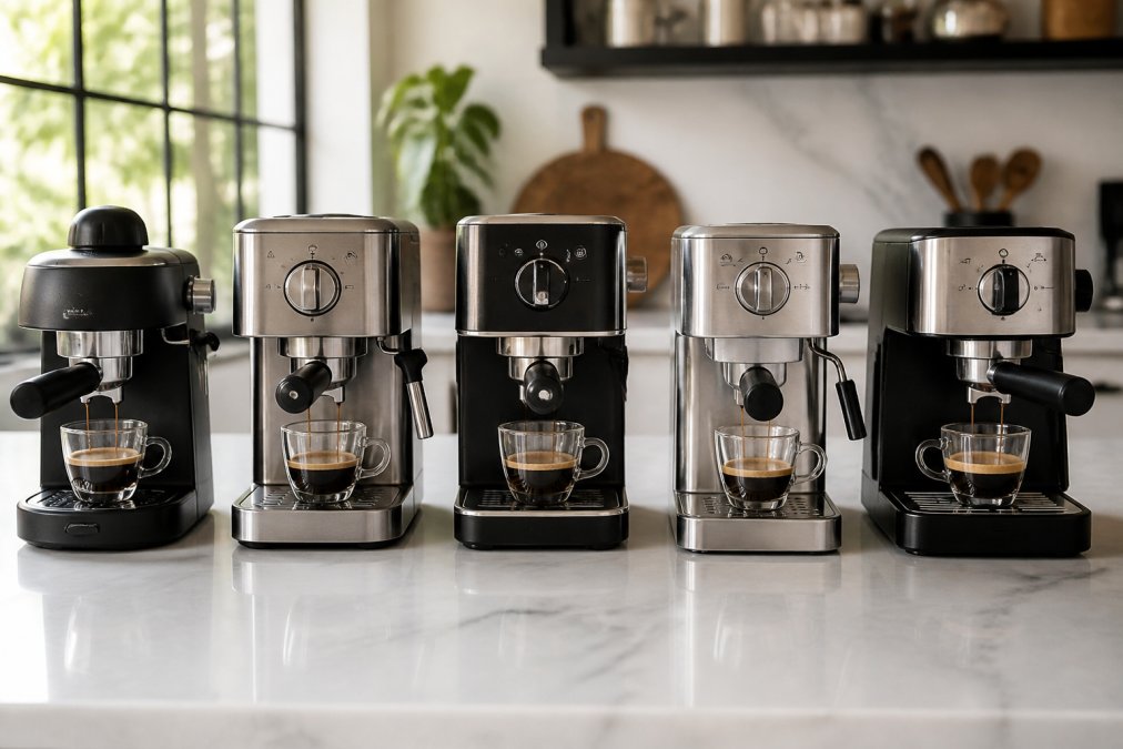 A flat-lay photo of five different home espresso machines on a clean kitchen counter, each pulling a shot of espresso into a small glass cup, with soft natural window light