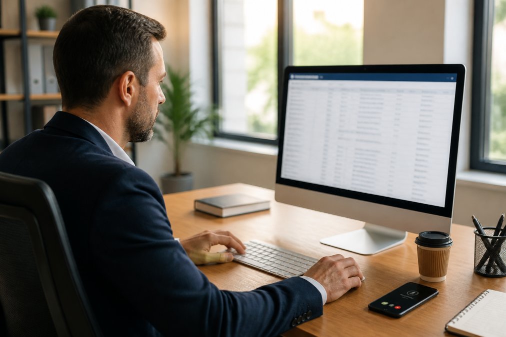 Business owner reviewing appointment bookings on desktop computer in modern office with smartphone showing incoming call notifications nearby, natural daylight from windows
