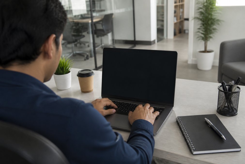 Team member configuring AI voice agent settings on laptop with CRM and calendar application icons visible on screen, modern office environment with natural lighting