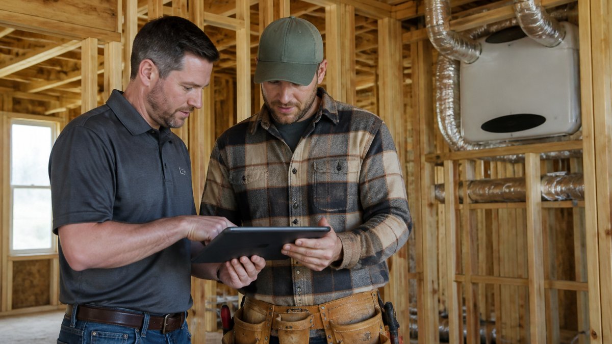 A mechanical design consultant and a home builder reviewing HVAC ductwork plans on a tablet inside a newly framed house with exposed studs and fresh construction materials