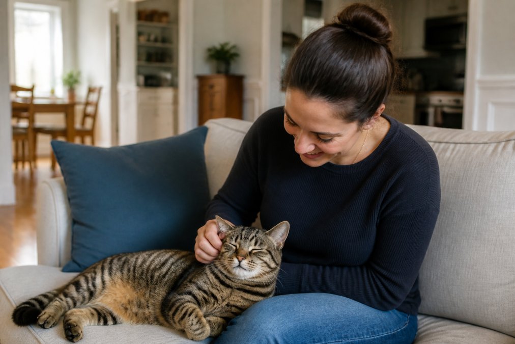 A professional pet sitter sitting on a couch in a bright living room, gently petting a relaxed tabby cat while the cat remains in their home environment