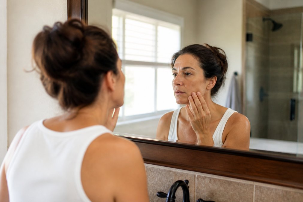 Woman in her 40s examining her skin in natural bathroom lighting, looking thoughtful about skincare options and alternatives