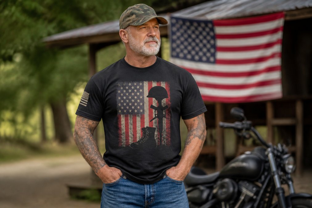 Veteran wearing American pride clothing and jeans standing confidently outdoors with a flag in the background