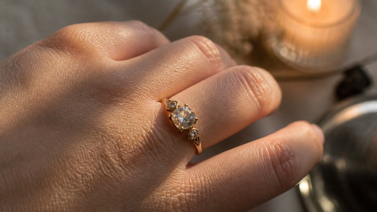 Close-up of an antique diamond ring on a hand, showing warm rainbow fire and romantic glow of an old cut diamond in natural daylight, with soft candlelit background