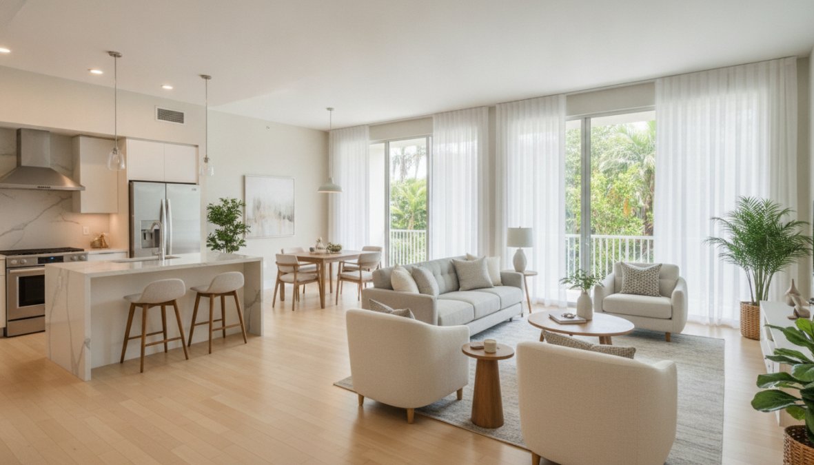 5 Best Apartment Features for Easy Living 1 Bright modern one-bedroom apartment with open floor plan, natural light streaming through large windows, minimalist furnishings, stainless steel appliances visible in kitchen area