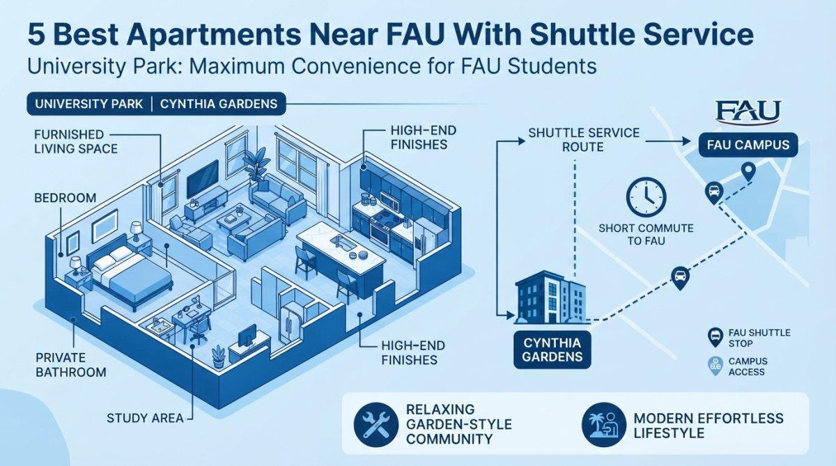 Professional illustration showing 5 best apartments near FAU with shuttle service