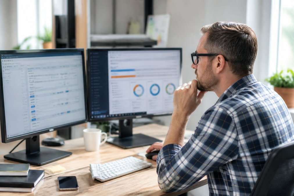 Small business owner at desk with multiple computer monitors displaying different software dashboards and applications, natural office lighting, focused expression
