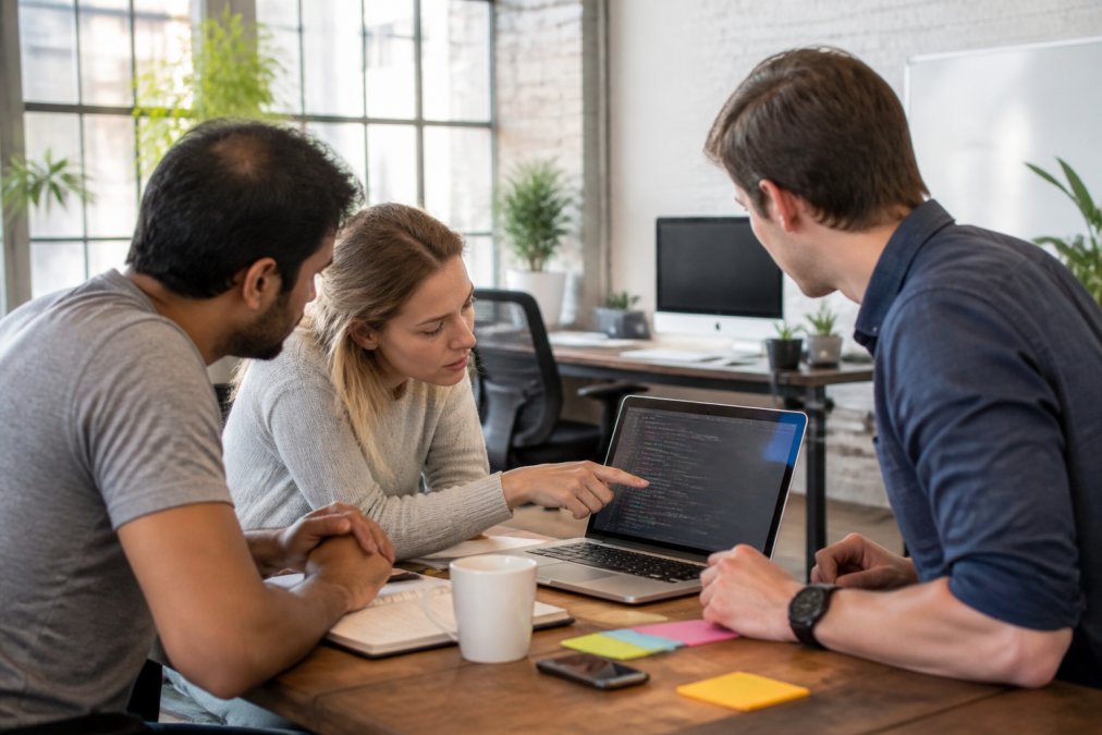 Team of developers collaborating in modern office, pointing at laptop screen with code and workflow diagrams visible, working together on integration setup, natural lighting