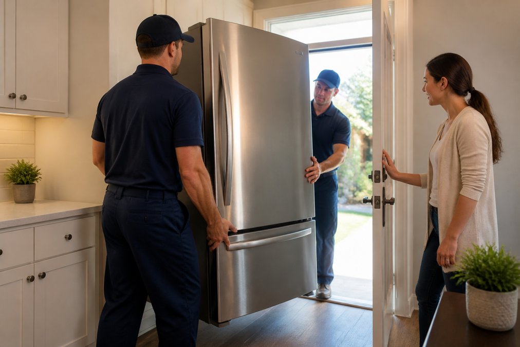 A delivery team in uniform carrying a new stainless steel refrigerator through a bright kitchen doorway while a homeowner holds the door open