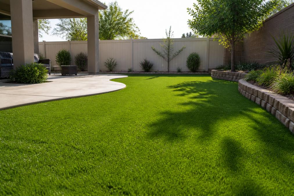 Well-maintained small residential backyard with lush, realistic artificial grass, showing natural green blade texture, clean patio edge with landscaping border, and afternoon sunlight creating natural shadows on the turf surface