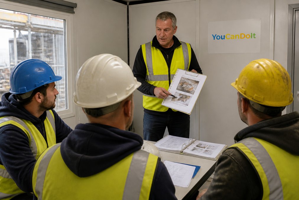 A group of construction workers in high-visibility vests and hard hats gathered around a trainer in a site cabin, reviewing asbestos awareness training materials on a clipboard