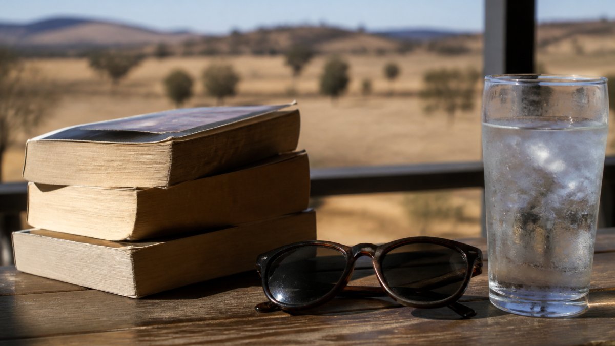 Infographic showing the summer reading appeal of Australian thrillers with a stack of books, sunglasses, and water.