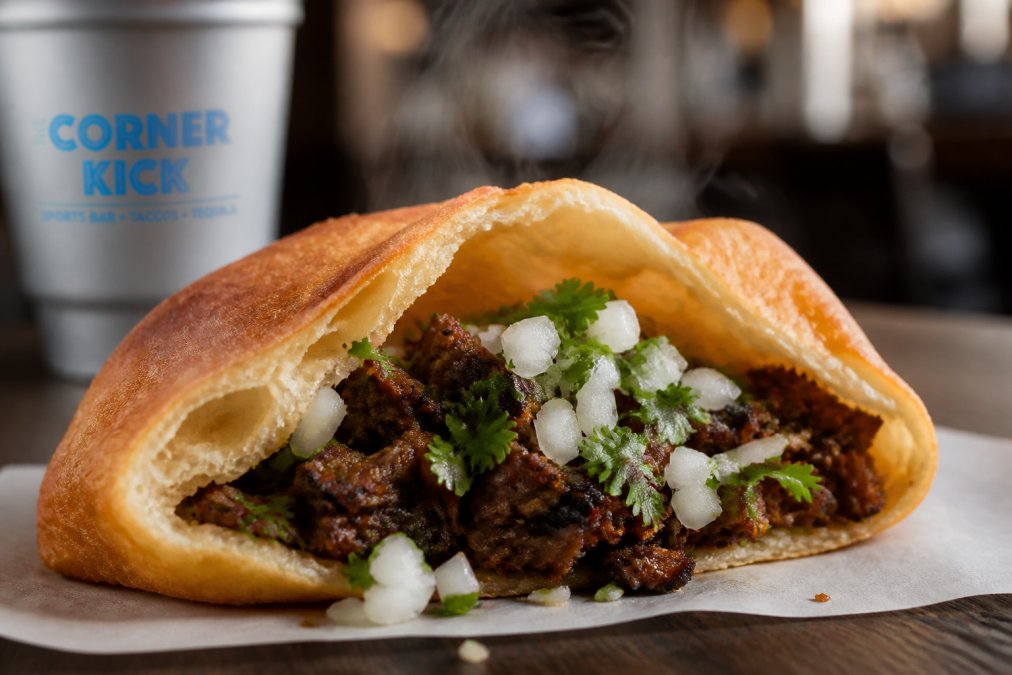 Close-up of a freshly cooked puffy taco split open, showing the crispy golden-brown exterior and fluffy pillowed interior with visible steam rising, topped with fresh cilantro, diced white onion, and charred slow-cooked meat