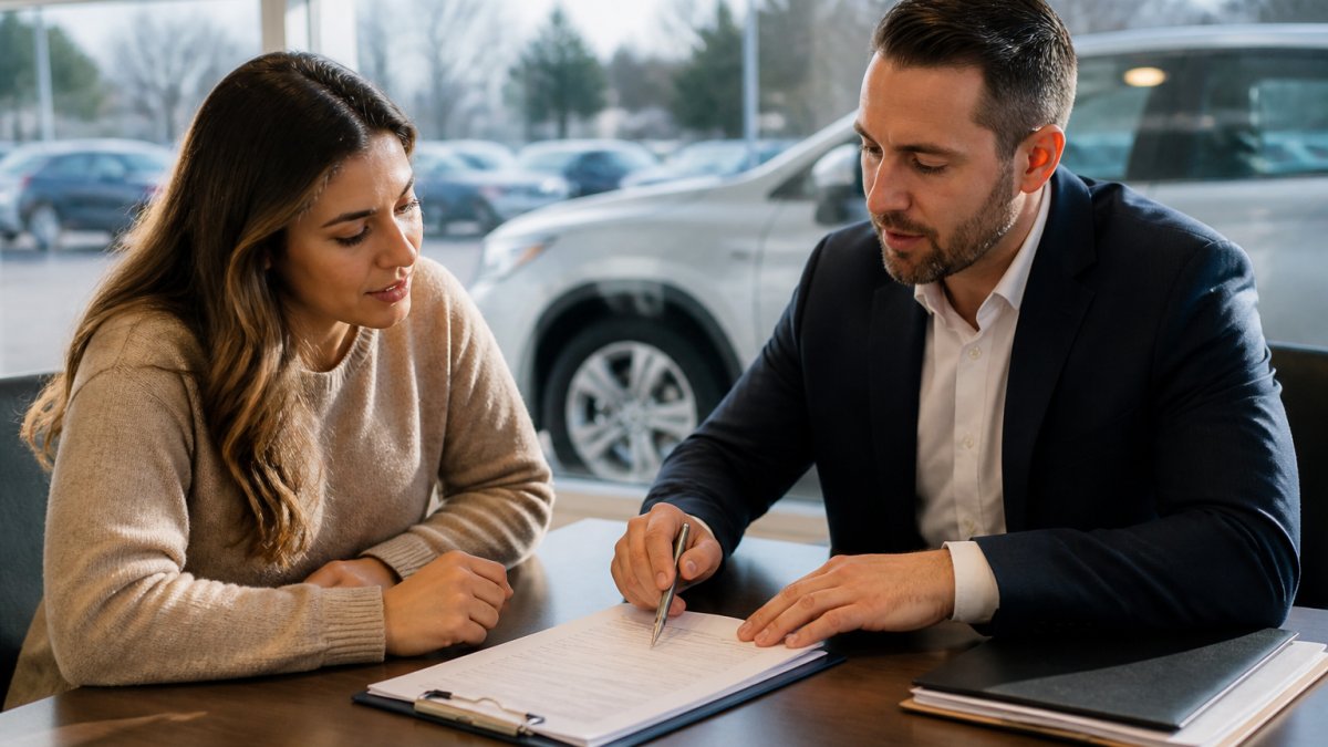 A customer and a financing advisor reviewing loan paperwork together at a desk in a bright dealership office, a car visible through the window behind them