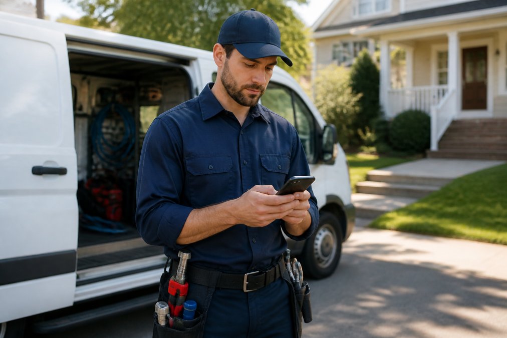 Plumbing technician in work uniform using mobile app on smartphone to clock in and view job details, standing in front of service van with residential home in background, morning sunlight