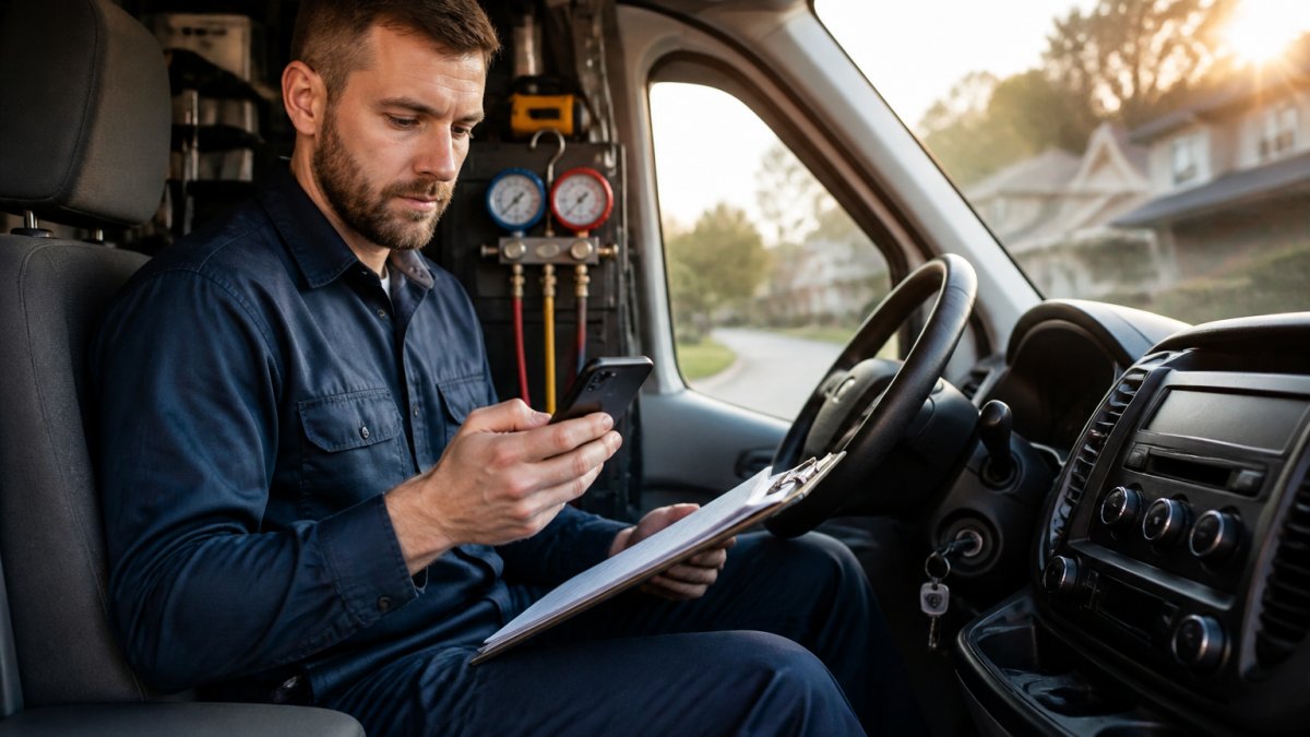 Solo HVAC technician using automation tools for solo hvac techs on his phone in a service van